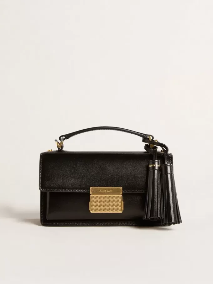Kleine Venezia-Tasche aus schwarzem Leder mit Golddetails Kleine Venezia-Tasche aus schwarzem Leder mit Golddetails