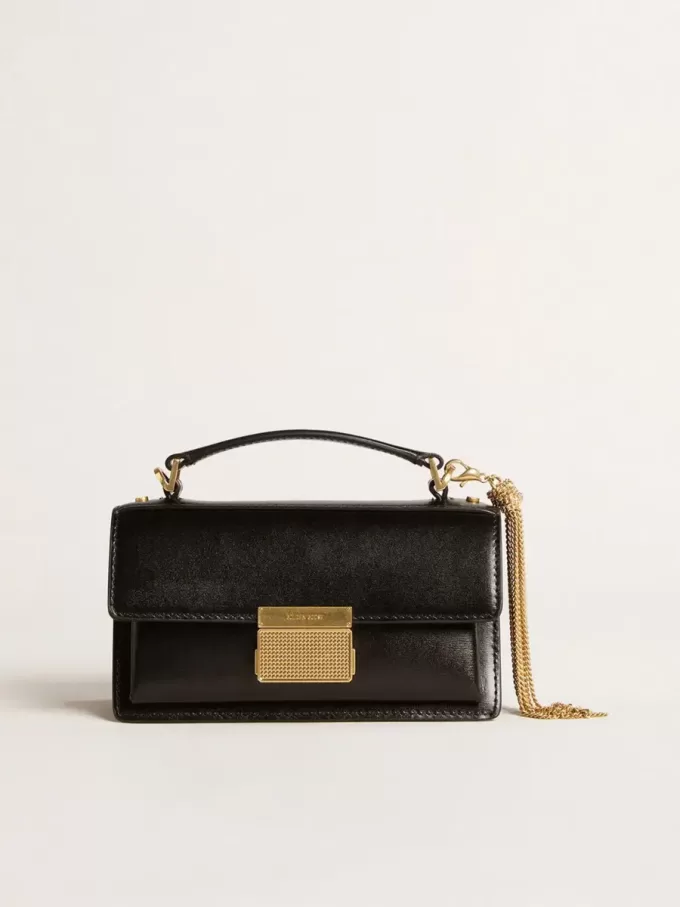Kleine Venezia-Tasche aus schwarzem Leder mit Golddetails Kleine Venezia-Tasche aus schwarzem Leder mit Golddetails