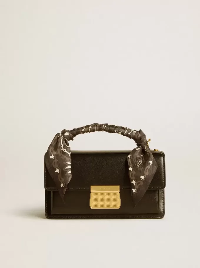 Kleine Venezia-Tasche aus schwarzem Leder mit Seidenschal