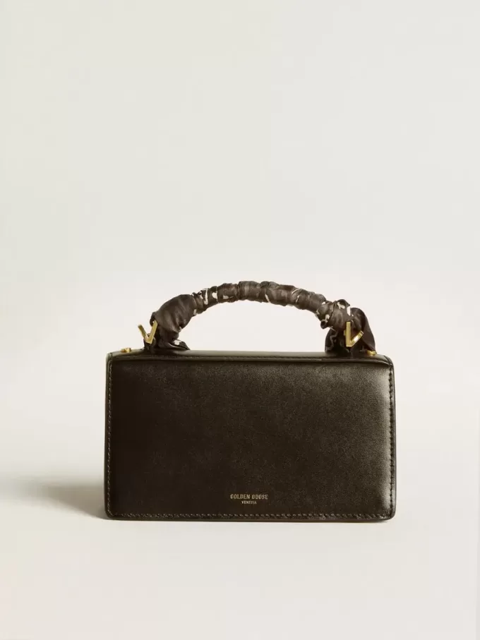 Kleine Venezia-Tasche aus schwarzem Leder mit Seidenschal