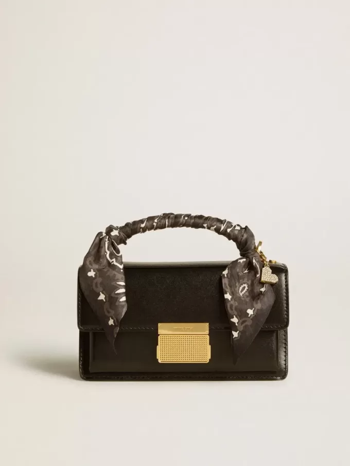 Kleine Venezia-Tasche aus schwarzem Leder mit Seidenschal und Anhänger Kleine Venezia-Tasche aus schwarzem Leder mit Seidenschal und Anhänger