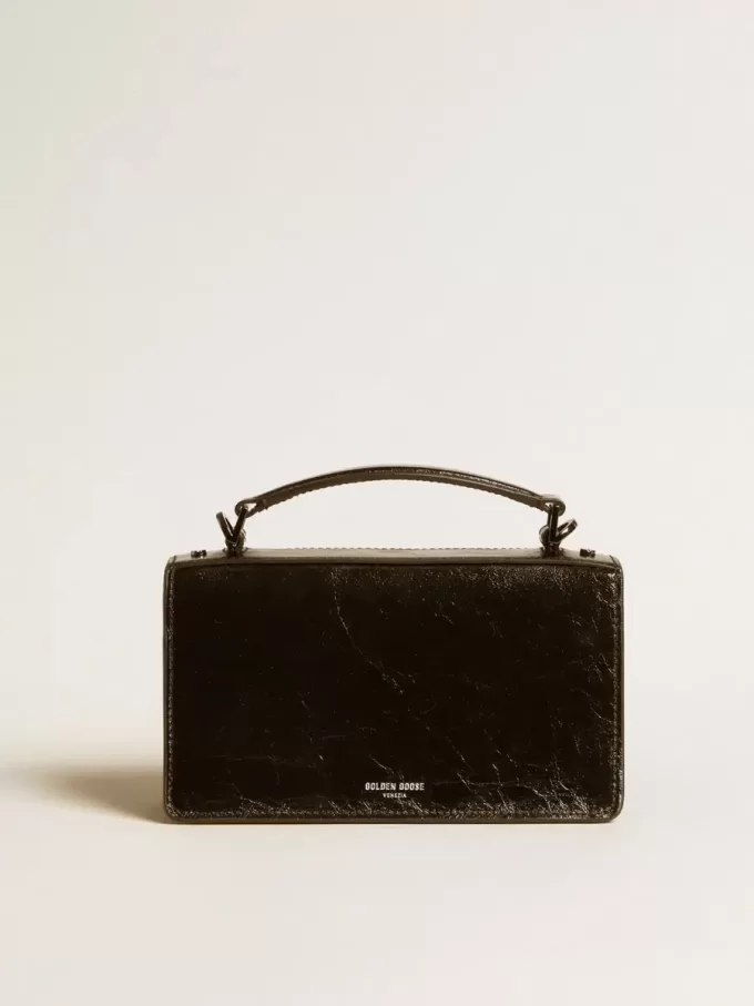 Kleine Venezia-Tasche aus schwarzem Metallic-Leder mit schwarzen Details