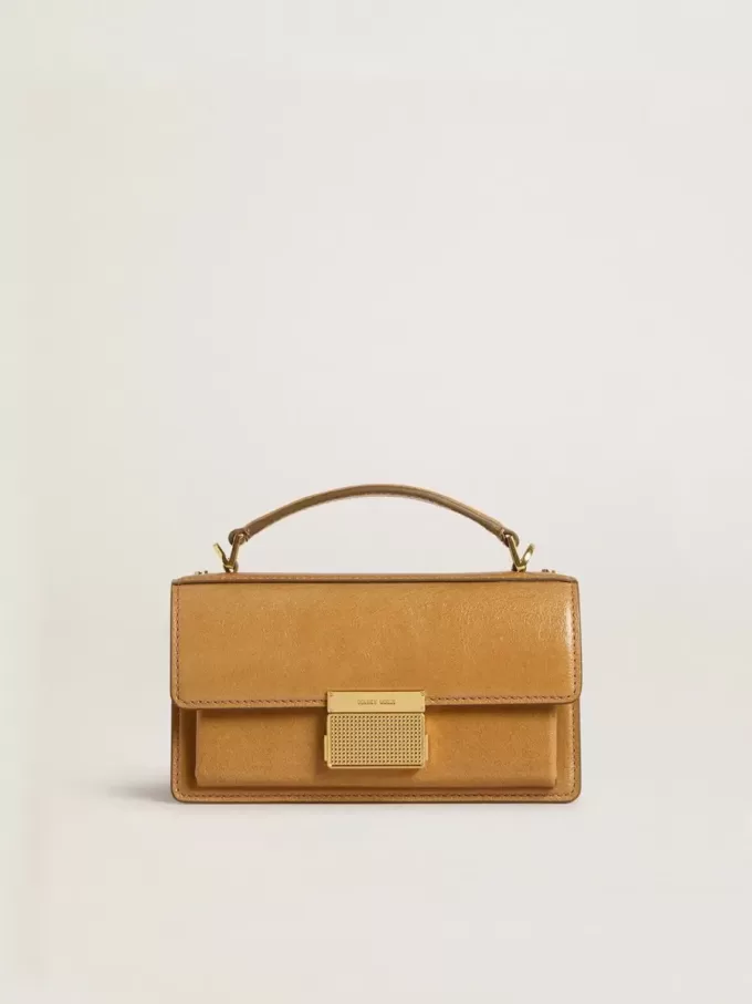 Kleine Venezia-Tasche aus tabakfarbenem Leder mit goldenen Details