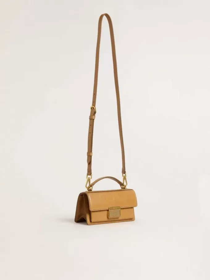 Kleine Venezia-Tasche aus tabakfarbenem Leder mit goldenen Details
