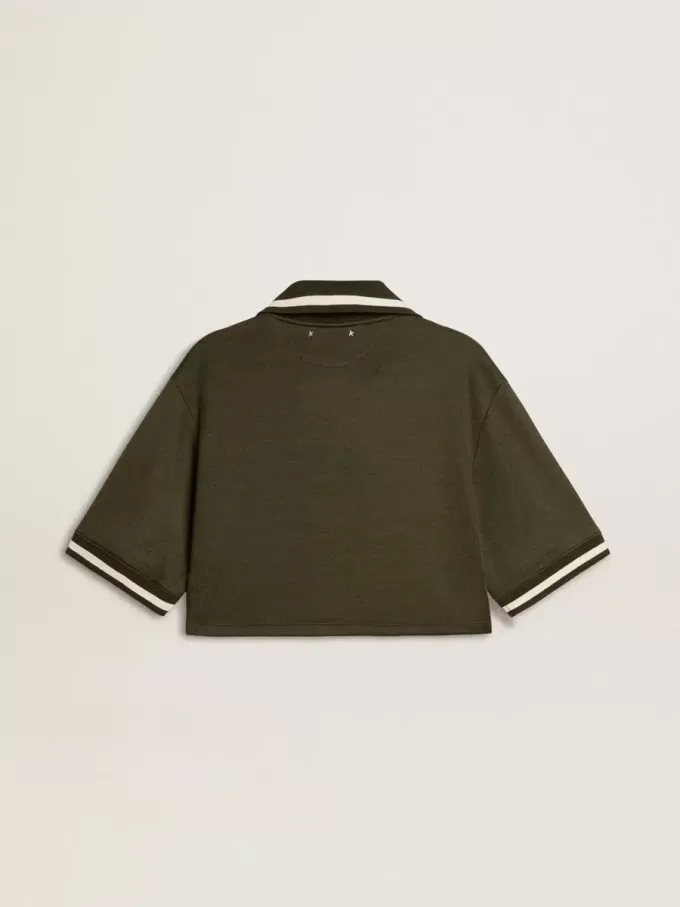Kurz geschnittenes Damen-Polohemd aus militärgrünem Jersey mit Stickerei