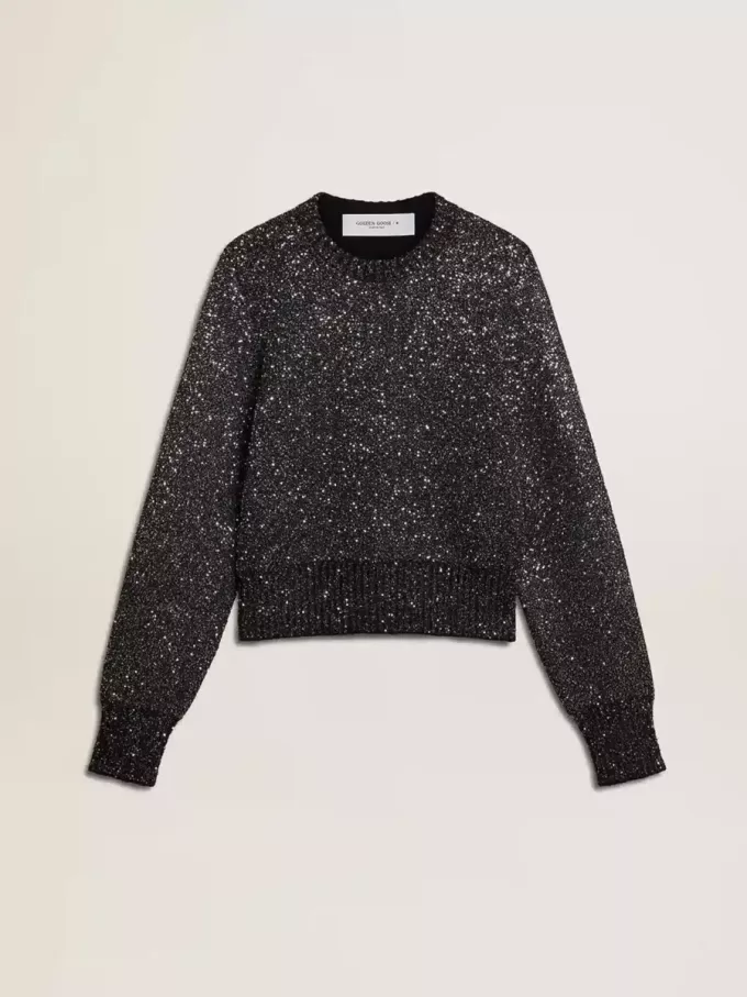 Kurzer Damenpullover aus schwarzer Wollmischung mit durchgehenden Pailletten Kurzer Damenpullover aus schwarzer Wollmischung mit durchgehenden Pailletten