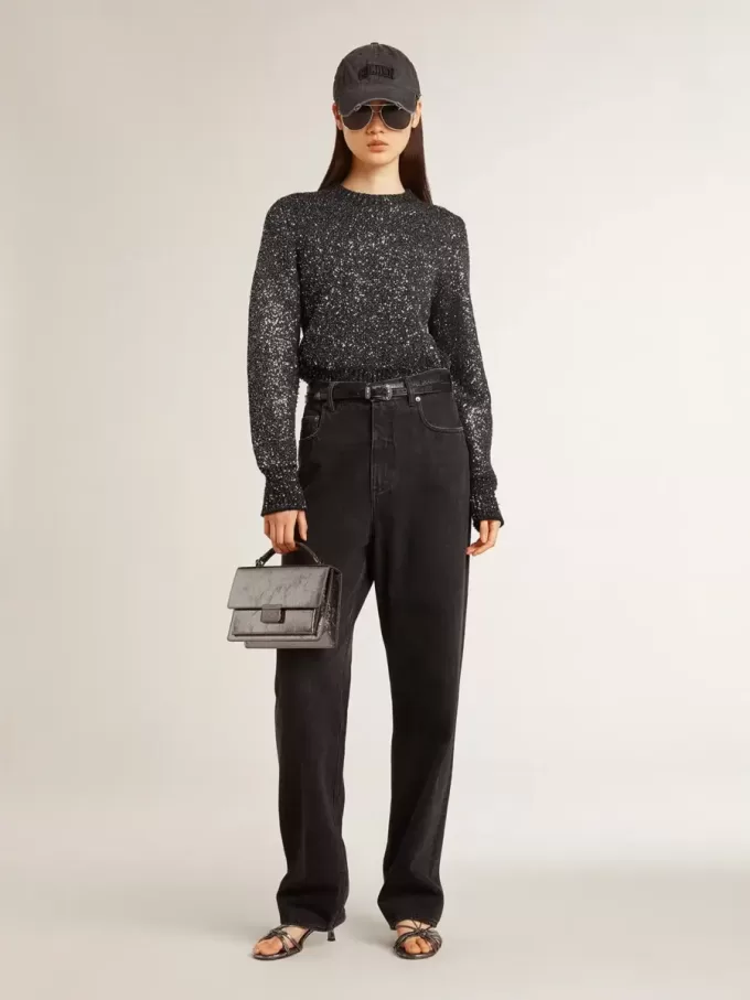 Kurzer Damenpullover aus schwarzer Wollmischung mit durchgehenden Pailletten Kurzer Damenpullover aus schwarzer Wollmischung mit durchgehenden Pailletten