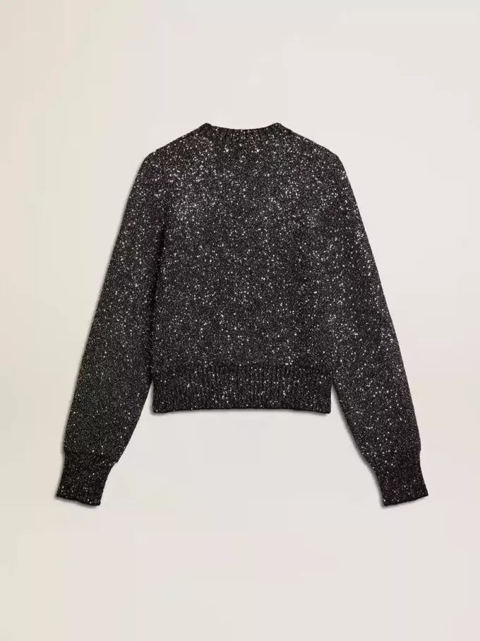 Kurzer Damenpullover aus schwarzer Wollmischung mit durchgehenden Pailletten Kurzer Damenpullover aus schwarzer Wollmischung mit durchgehenden Pailletten
