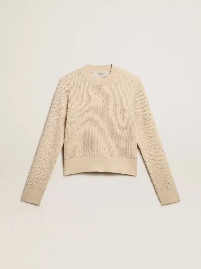 Kurzer Pullover mit Rundhalsausschnitt aus beiger Wolle mit Kristallverzierung