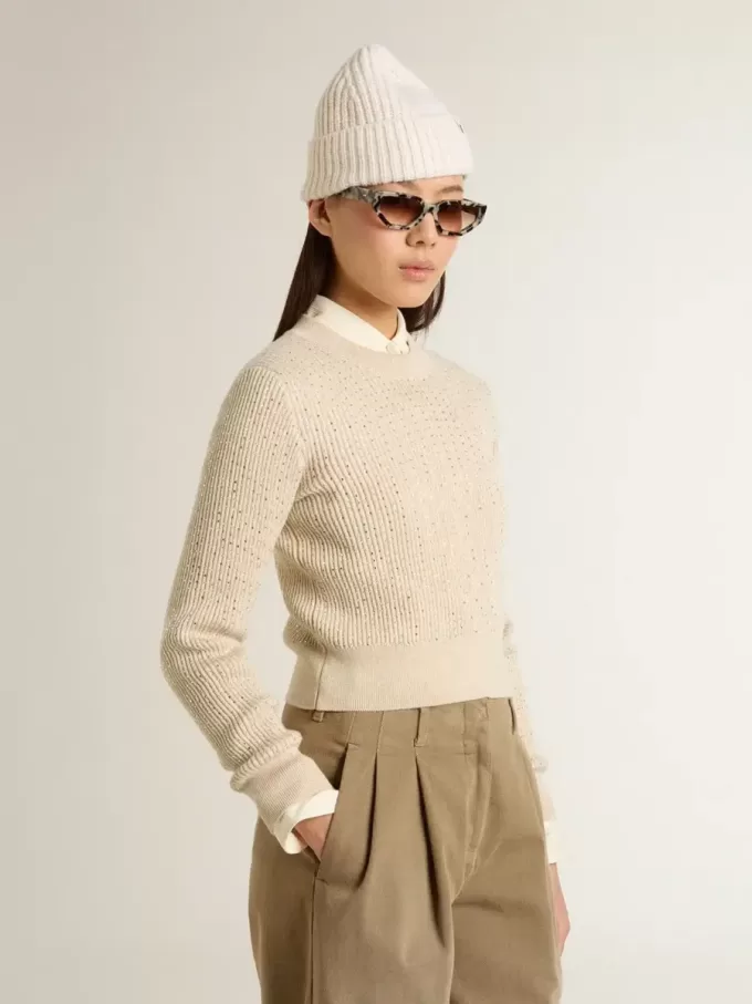 Kurzer Pullover mit Rundhalsausschnitt aus beiger Wolle mit Kristallverzierung