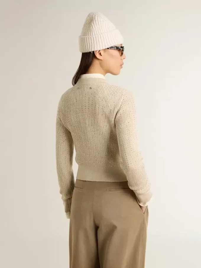 Kurzer Pullover mit Rundhalsausschnitt aus beiger Wolle mit Kristallverzierung