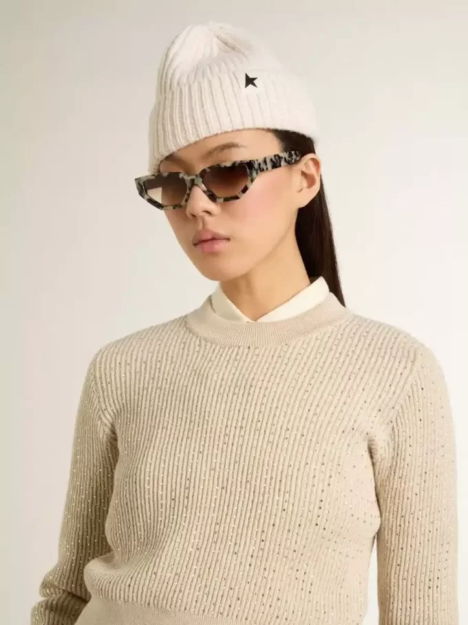 Kurzer Pullover mit Rundhalsausschnitt aus beiger Wolle mit Kristallverzierung