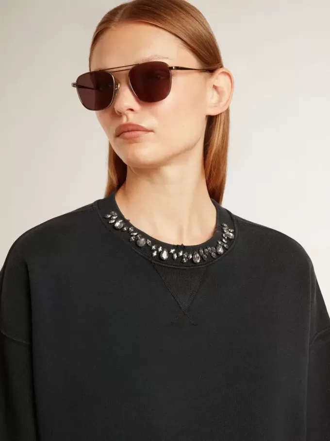 Kurzes Baumwoll-Sweatshirt für Damen mit Kristallen auf der Vorderseite