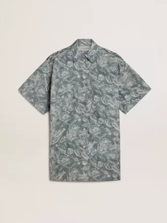 Kurzes Hemdkleid für Damen aus hellblauem Baumwollpopeline mit durchgehendem Marine-Print