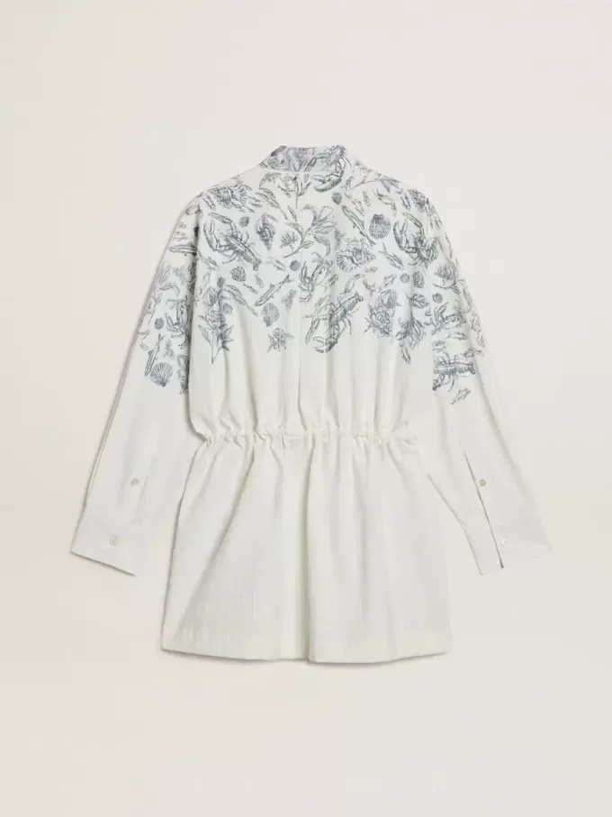 Kurzes Hemdkleid für Damen aus weiß gestreifter Baumwolle mit marineblauem Print Kurzes Hemdkleid für Damen aus weiß gestreifter Baumwolle mit marineblauem Print