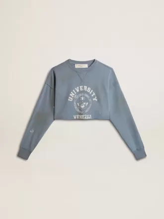 Kurzes Sweatshirt in Babyblau mit Used-Look