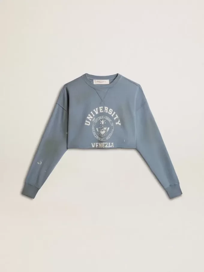 Kurzes Sweatshirt in Babyblau mit Used-Look
