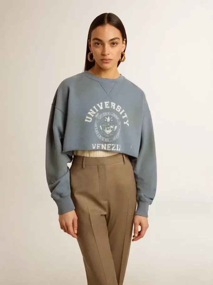 Kurzes Sweatshirt in Babyblau mit Used-Look