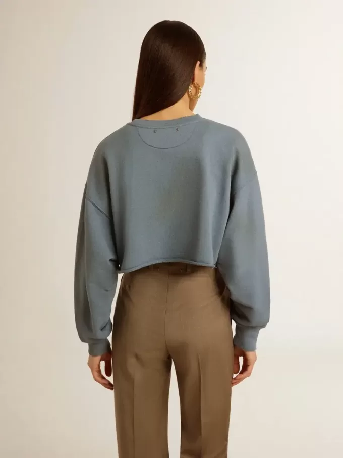 Kurzes Sweatshirt in Babyblau mit Used-Look