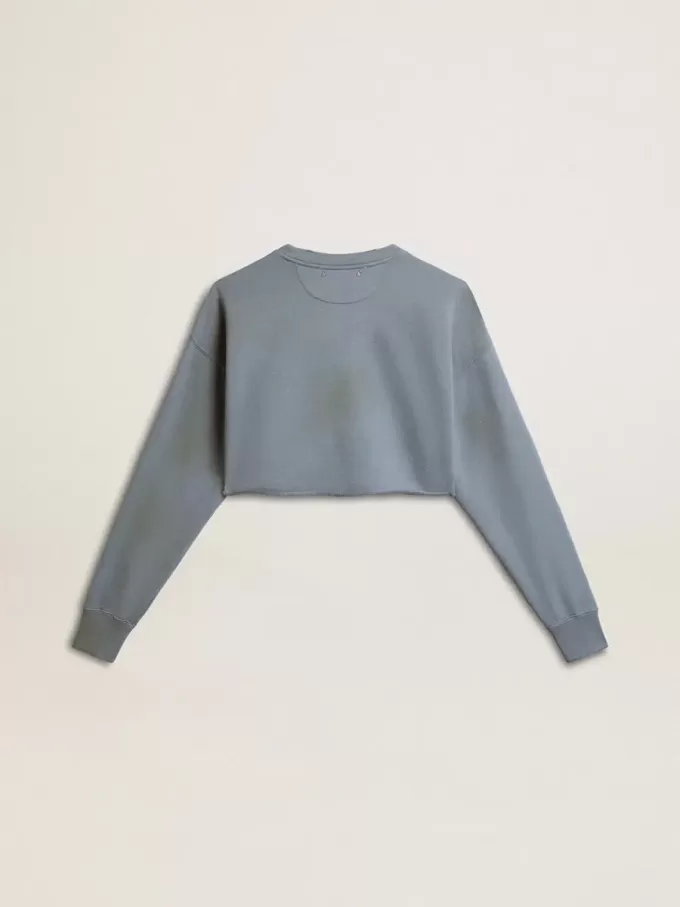 Kurzes Sweatshirt in Babyblau mit Used-Look