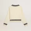 Kurzgeschnittener Damenpullover mit Zopfmuster, blauen Rippen und Kristallen