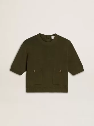 Kurzärmeliger Damenpullover aus militärgrüner Baumwolle