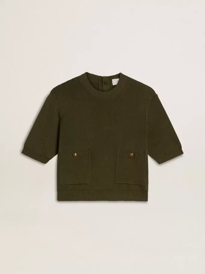 Kurzärmeliger Damenpullover aus militärgrüner Baumwolle