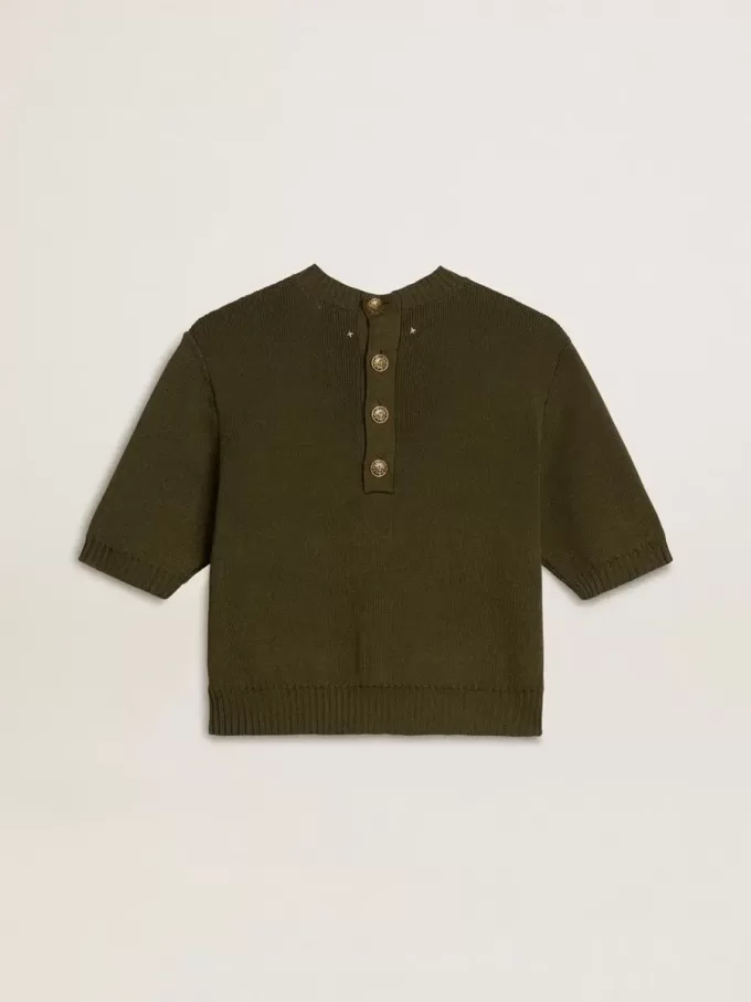 Kurzärmeliger Damenpullover aus militärgrüner Baumwolle