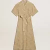 Kurzärmeliges Hemdkleid für Damen aus beigem Jacquard mit Blumenmuster