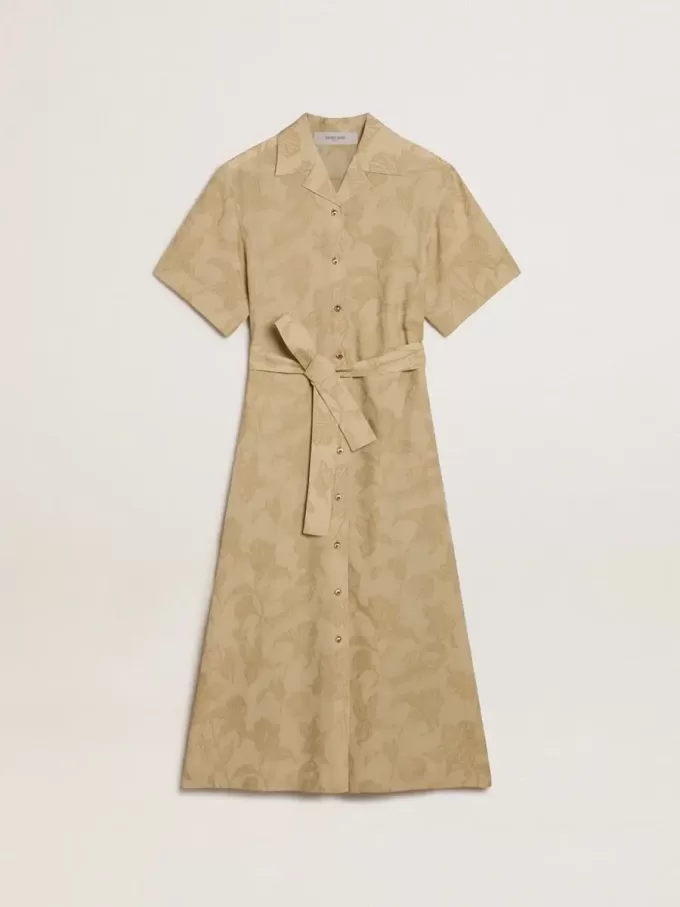 Kurzärmeliges Hemdkleid für Damen aus beigem Jacquard mit Blumenmuster