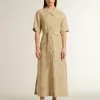 Kurzärmeliges Hemdkleid für Damen aus beigem Jacquard mit Blumenmuster