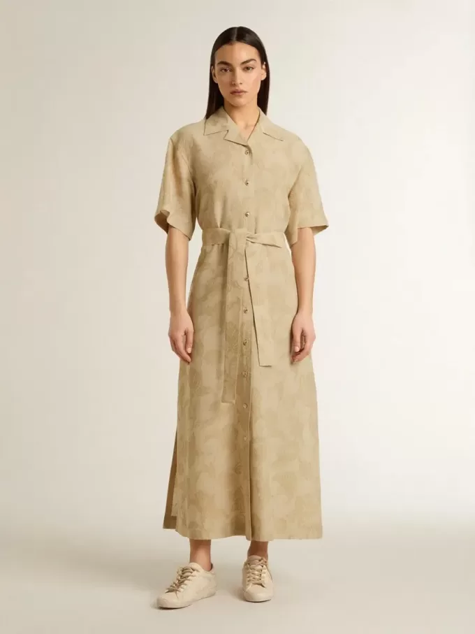 Kurzärmeliges Hemdkleid für Damen aus beigem Jacquard mit Blumenmuster