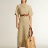 Kurzärmeliges Hemdkleid für Damen aus beigem Jacquard mit Blumenmuster