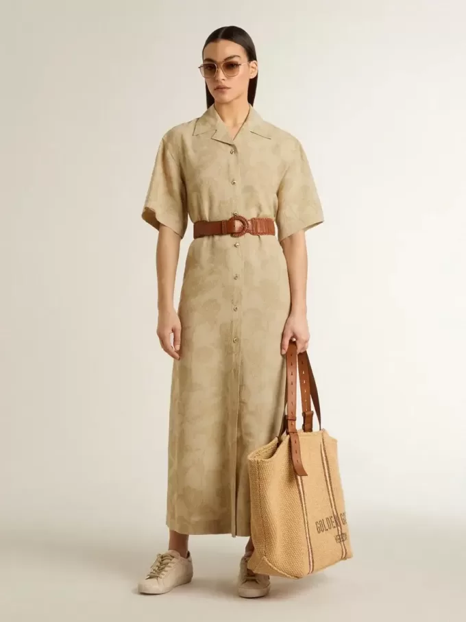 Kurzärmeliges Hemdkleid für Damen aus beigem Jacquard mit Blumenmuster
