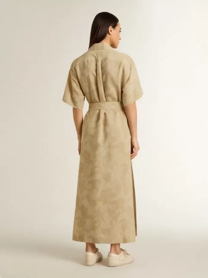 Kurzärmeliges Hemdkleid für Damen aus beigem Jacquard mit Blumenmuster