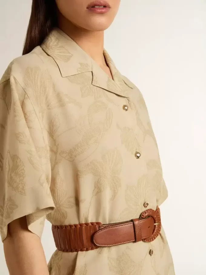 Kurzärmeliges Hemdkleid für Damen aus beigem Jacquard mit Blumenmuster