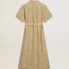 Kurzärmeliges Hemdkleid für Damen aus beigem Jacquard mit Blumenmuster