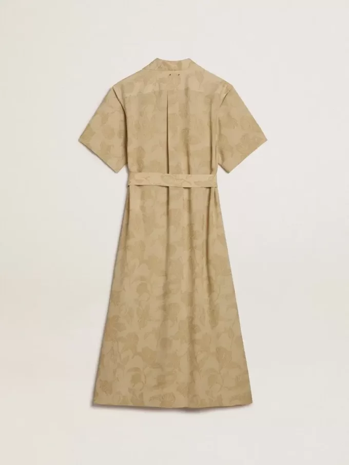 Kurzärmeliges Hemdkleid für Damen aus beigem Jacquard mit Blumenmuster