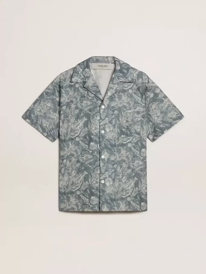 Kurzärmeliges Popeline-Hemd im Pyjama-Stil für Herren mit blau-weißem Marine-Print Kurzärmeliges Popeline-Hemd im Pyjama-Stil für Herren mit blau-weißem Marine-Print