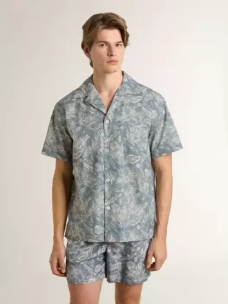 Kurzärmeliges Popeline-Hemd im Pyjama-Stil für Herren mit blau-weißem Marine-Print