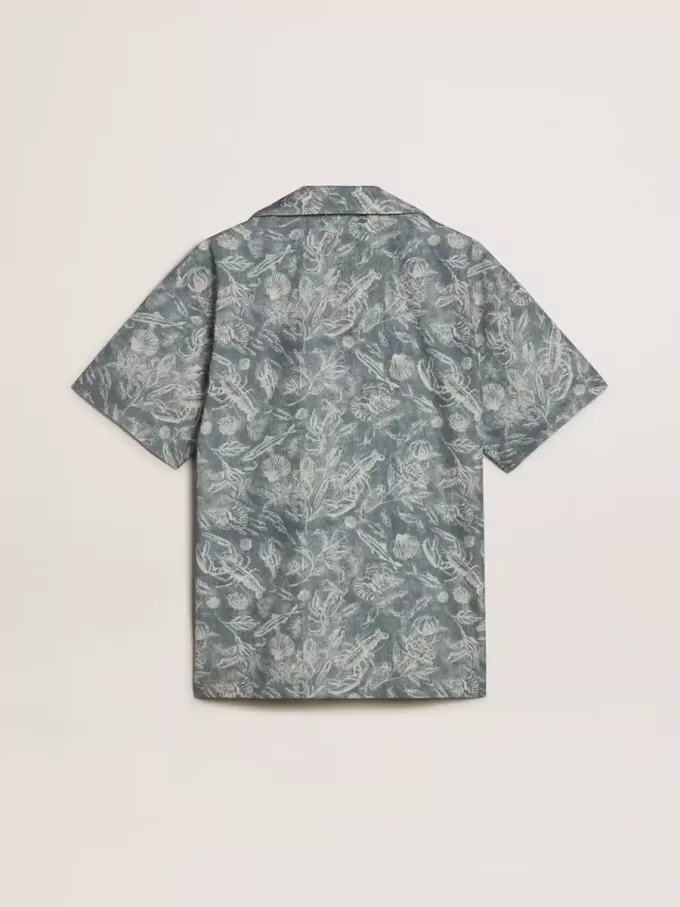 Kurzärmeliges Popeline-Hemd im Pyjama-Stil für Herren mit blau-weißem Marine-Print Kurzärmeliges Popeline-Hemd im Pyjama-Stil für Herren mit blau-weißem Marine-Print