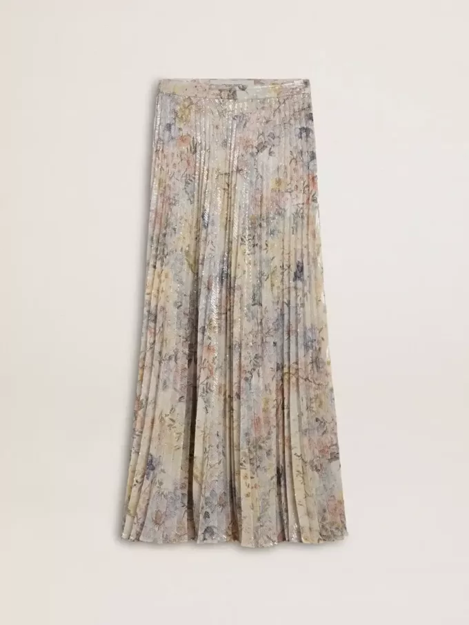 Langer Faltenrock für Damen mit mehrfarbigem Blumen-Paillettenprint Langer Faltenrock für Damen mit mehrfarbigem Blumen-Paillettenprint