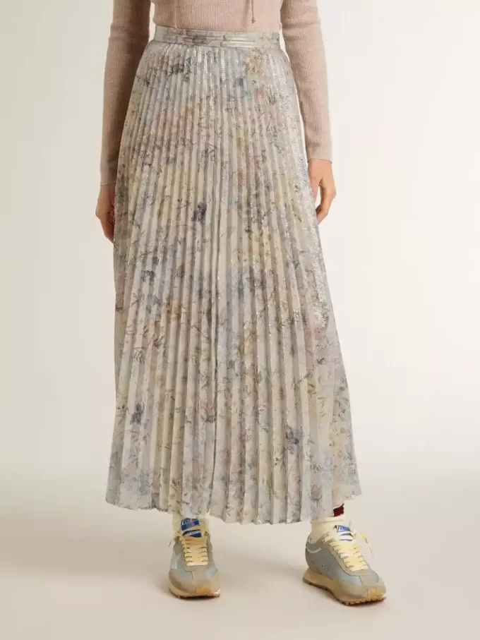 Langer Faltenrock für Damen mit mehrfarbigem Blumen-Paillettenprint Langer Faltenrock für Damen mit mehrfarbigem Blumen-Paillettenprint