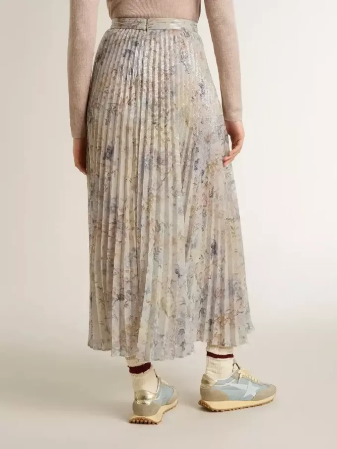 Langer Faltenrock für Damen mit mehrfarbigem Blumen-Paillettenprint Langer Faltenrock für Damen mit mehrfarbigem Blumen-Paillettenprint