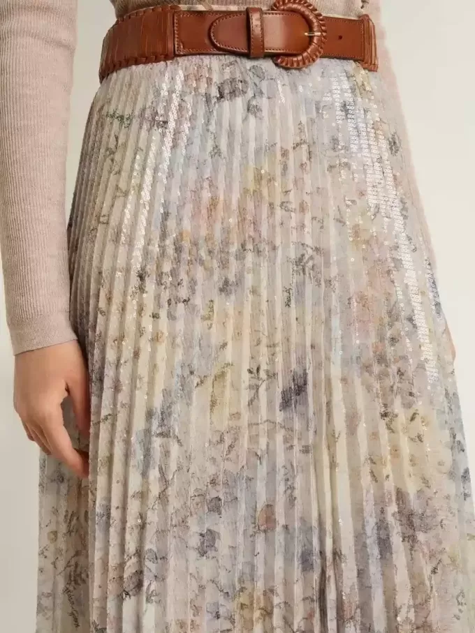 Langer Faltenrock für Damen mit mehrfarbigem Blumen-Paillettenprint Langer Faltenrock für Damen mit mehrfarbigem Blumen-Paillettenprint