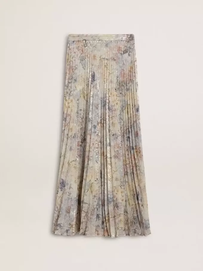 Langer Faltenrock für Damen mit mehrfarbigem Blumen-Paillettenprint Langer Faltenrock für Damen mit mehrfarbigem Blumen-Paillettenprint