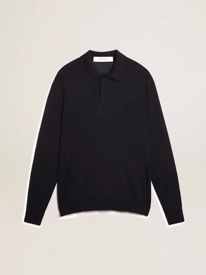 Langärmliges Herren-Poloshirt aus marineblauer Merinowolle Langärmliges Herren-Poloshirt aus marineblauer Merinowolle