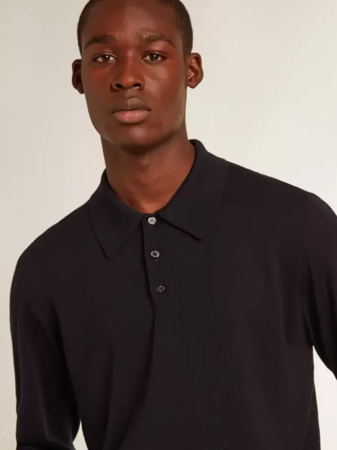Langärmliges Herren-Poloshirt aus marineblauer Merinowolle Langärmliges Herren-Poloshirt aus marineblauer Merinowolle