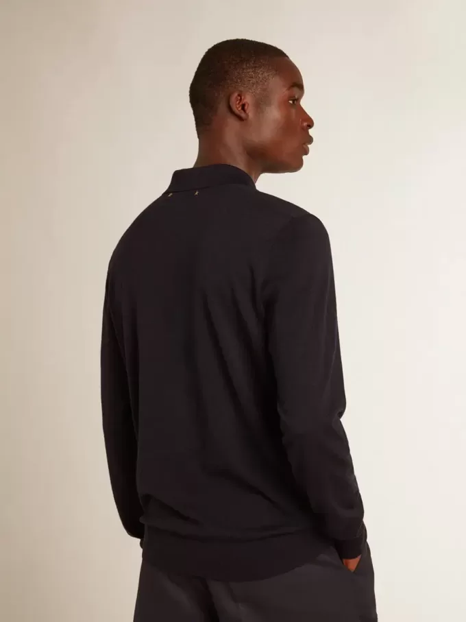 Langärmliges Herren-Poloshirt aus marineblauer Merinowolle Langärmliges Herren-Poloshirt aus marineblauer Merinowolle