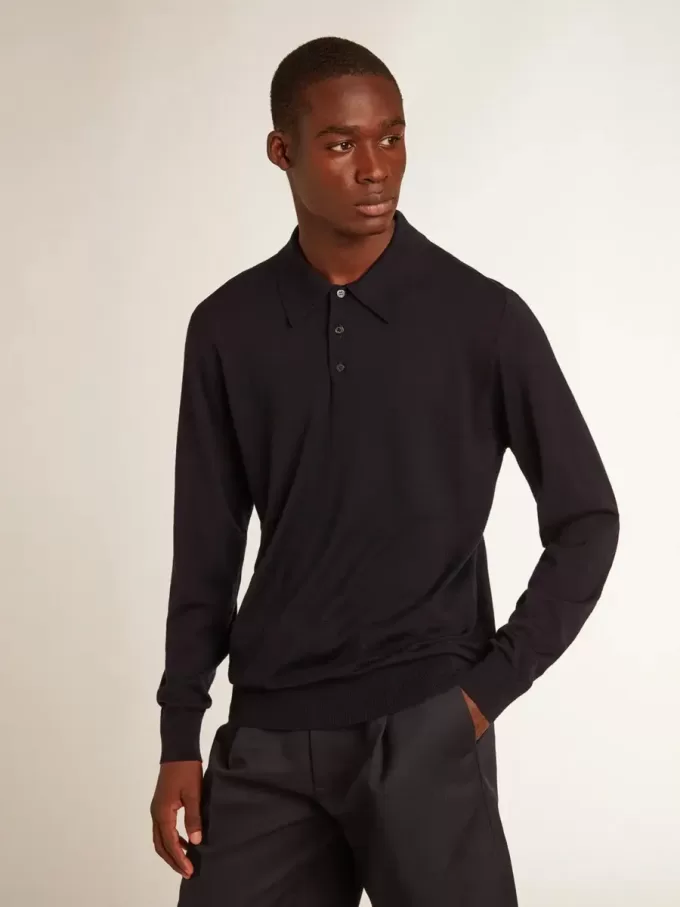 Langärmliges Herren-Poloshirt aus marineblauer Merinowolle Langärmliges Herren-Poloshirt aus marineblauer Merinowolle